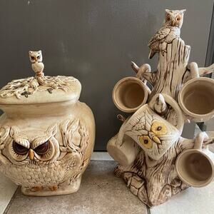 Ceramic Vintage Owl 70’s Cookie Jar and Tree Mug Stand Unique Brown